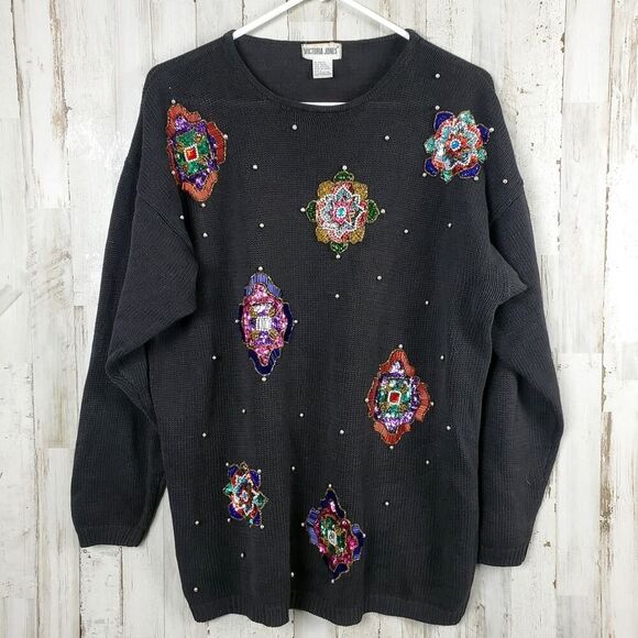 Vintage Victoria Jones Bead Embellished Sweater Black Size Large - Picture 1 of 12